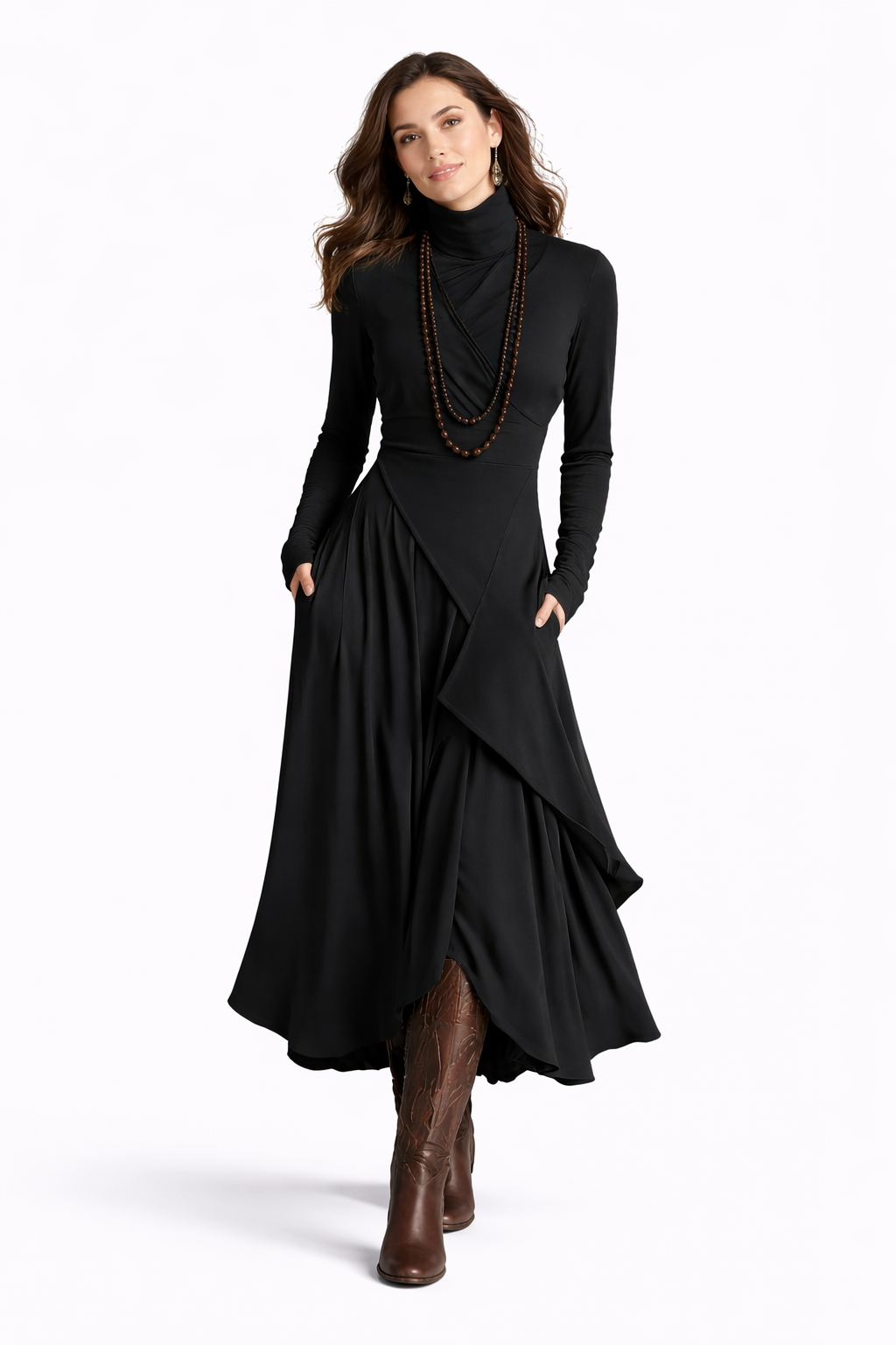 Emma™ | Vestido largo y fluido con cuello vuelto.