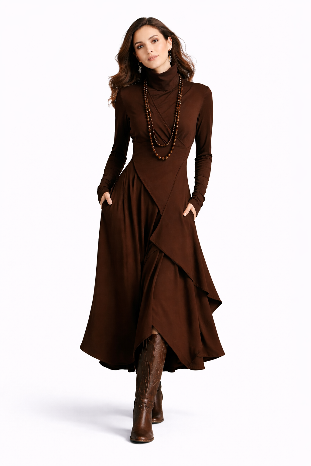 Emma™ | Vestido largo y fluido con cuello vuelto.